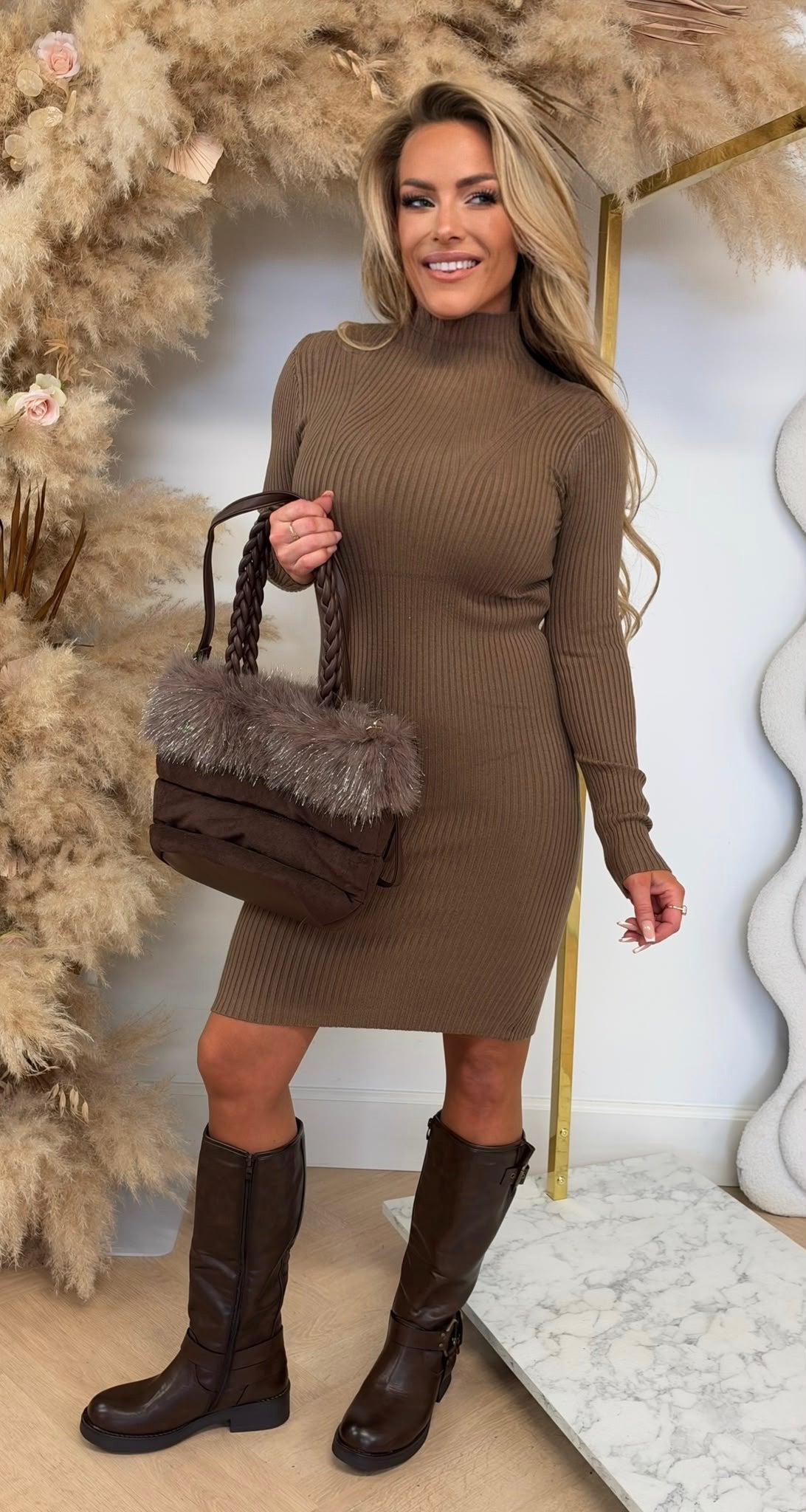 RIB TURTLE NECK DRESS 10029 CHOCO