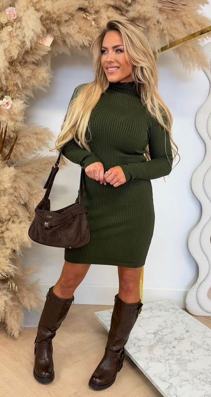 RIB TURTLE NECK DRESS 10029 ARMYGREEN