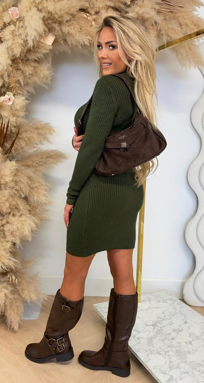 RIB TURTLE NECK DRESS 10029 ARMYGREEN