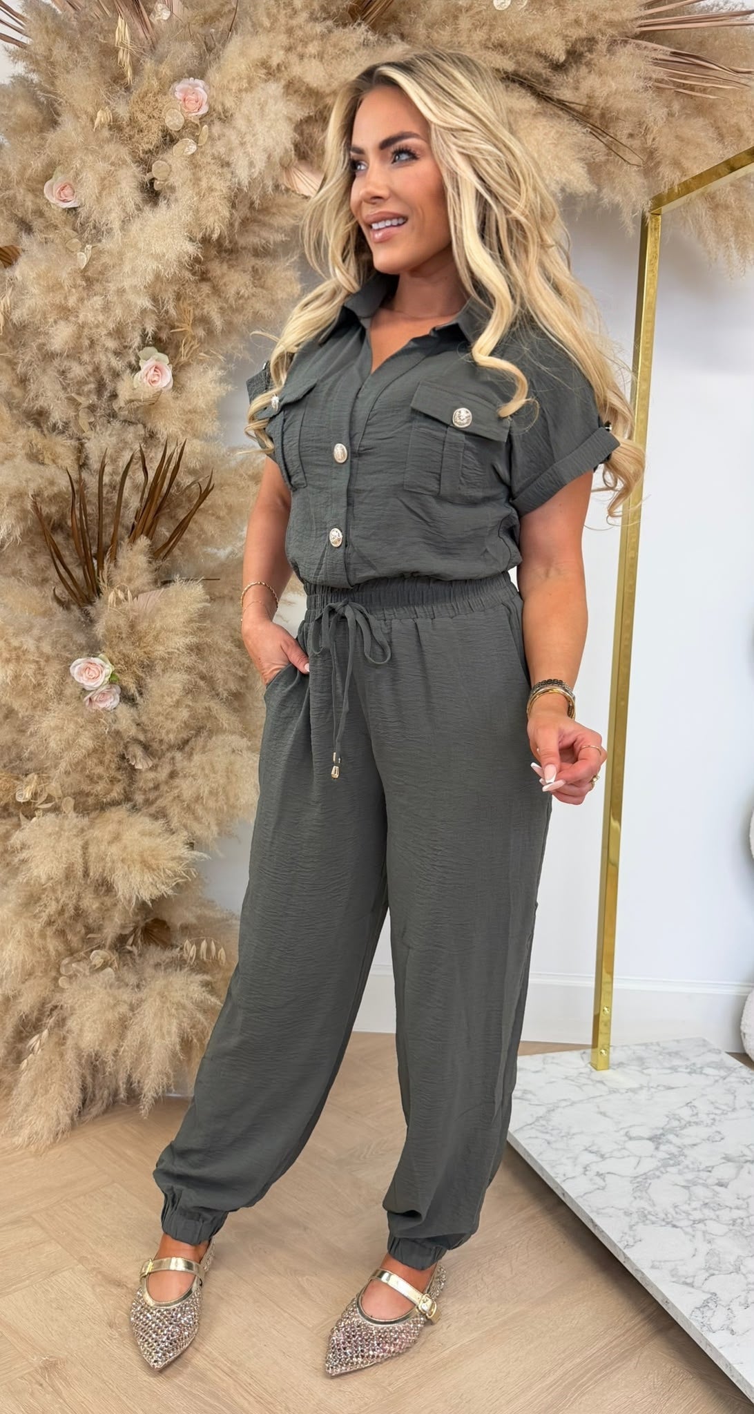 BOORDIE BUTTON JUMPSUIT 6207 ARMYGREEN