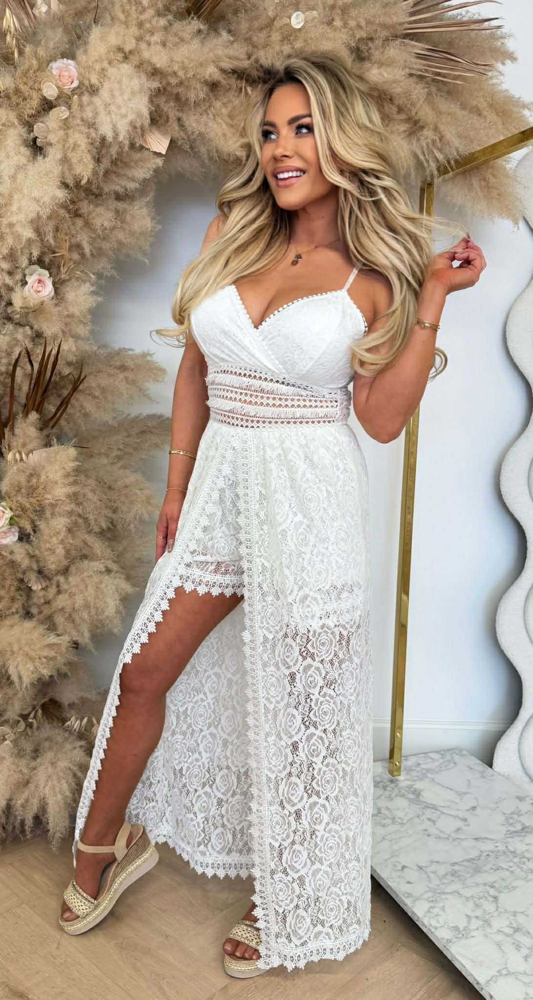 IVINI STRETCH LACE MAXI PLAYSUIT WHITE