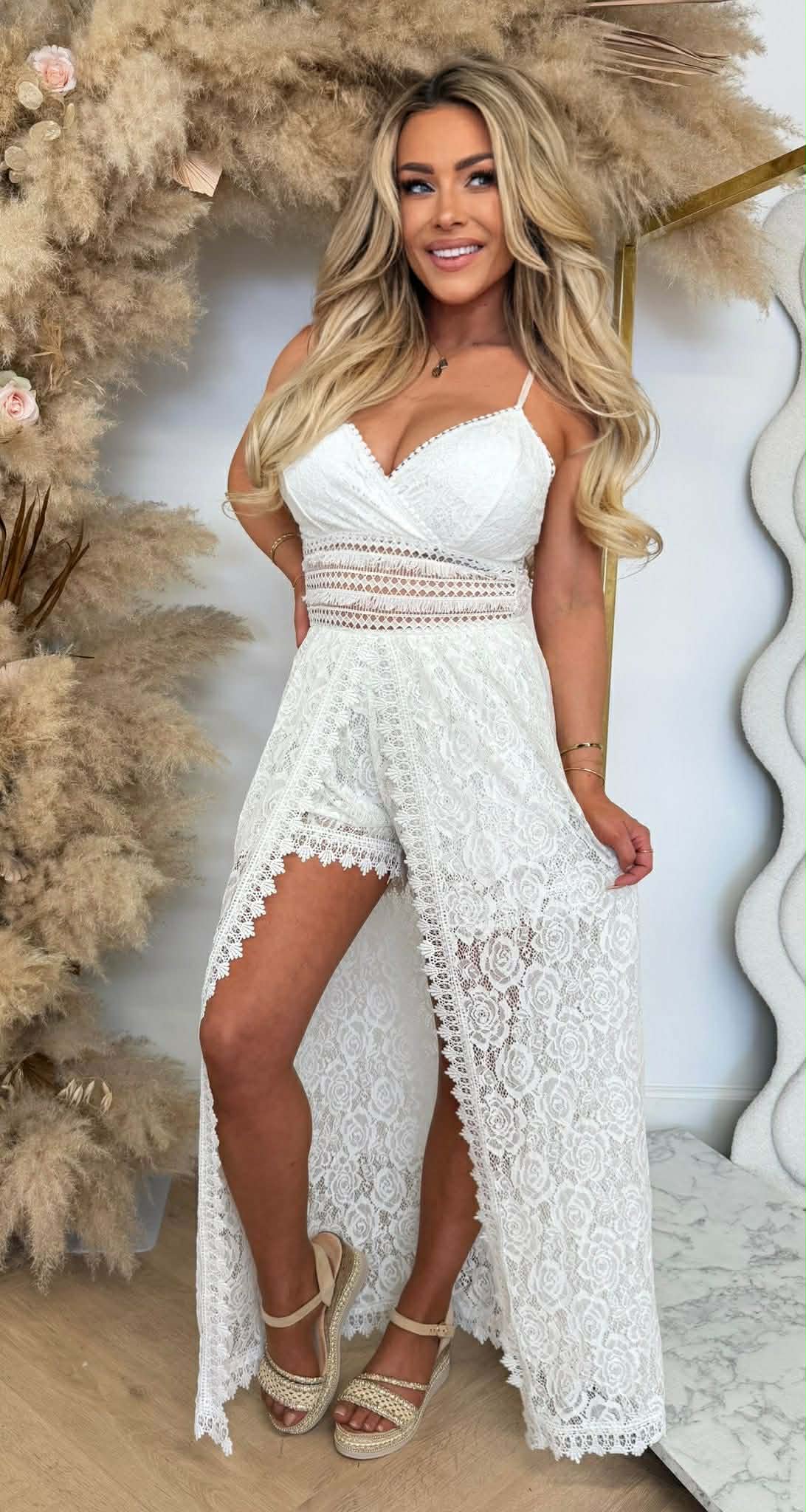 IVINI STRETCH LACE MAXI PLAYSUIT WHITE