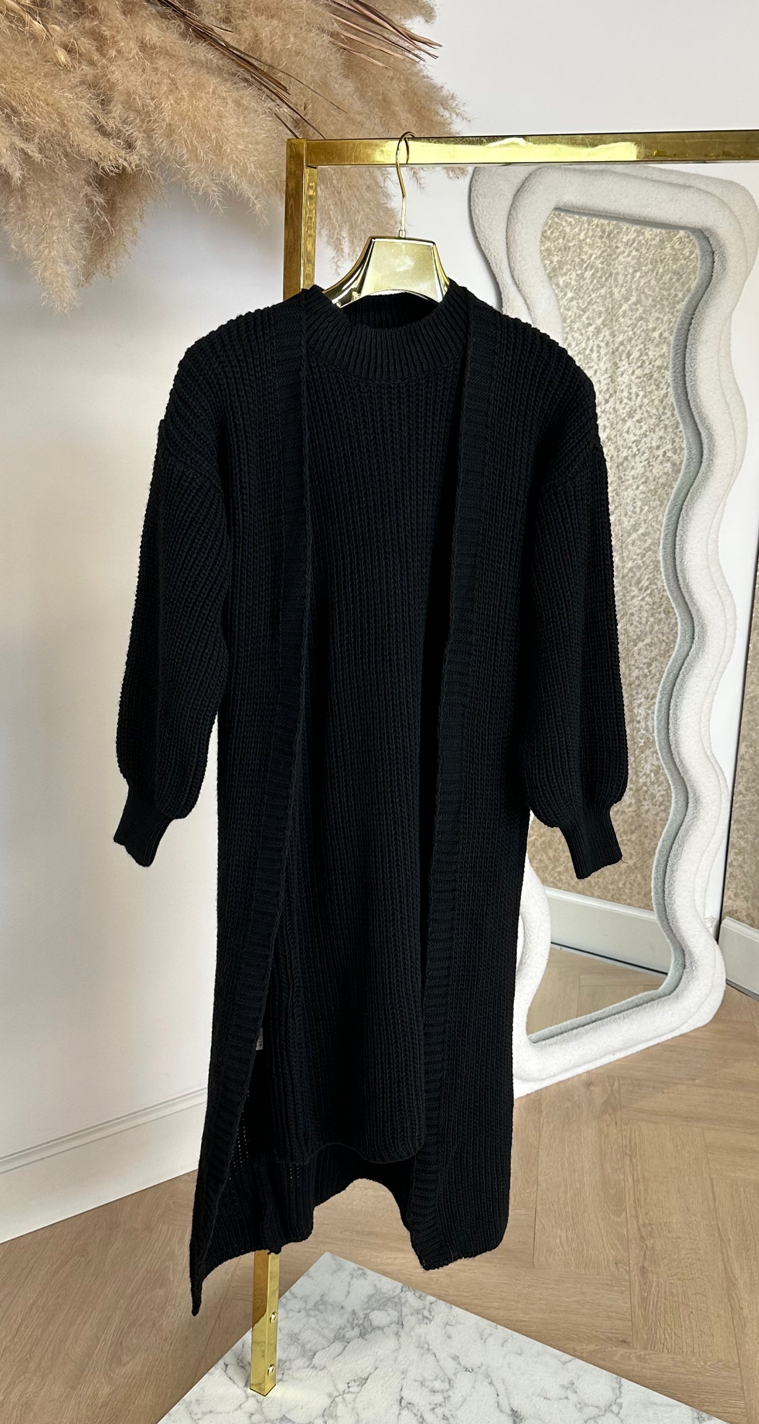 LONG KNITTED CARDIGAN + DRESS BLACK
