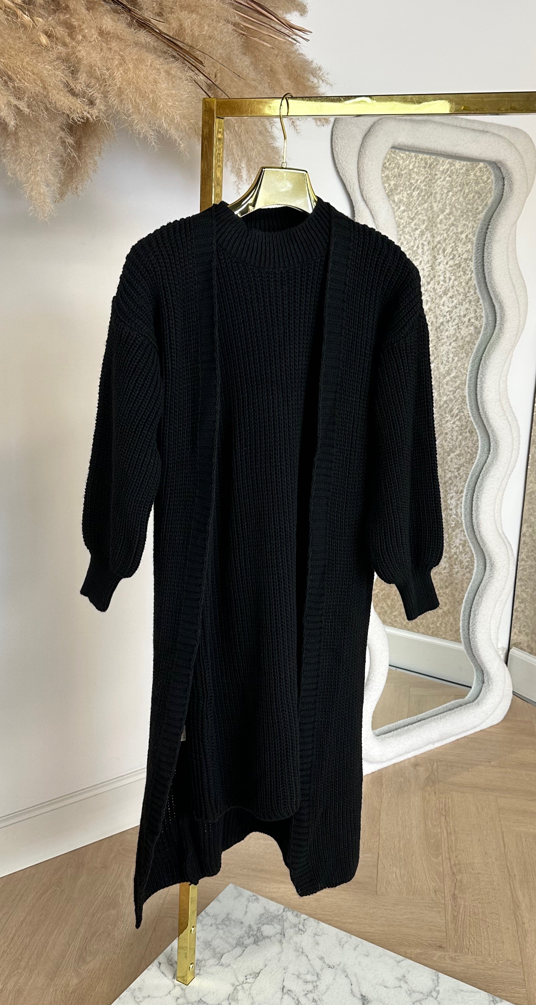 LONG KNITTED CARDIGAN + DRESS BLACK