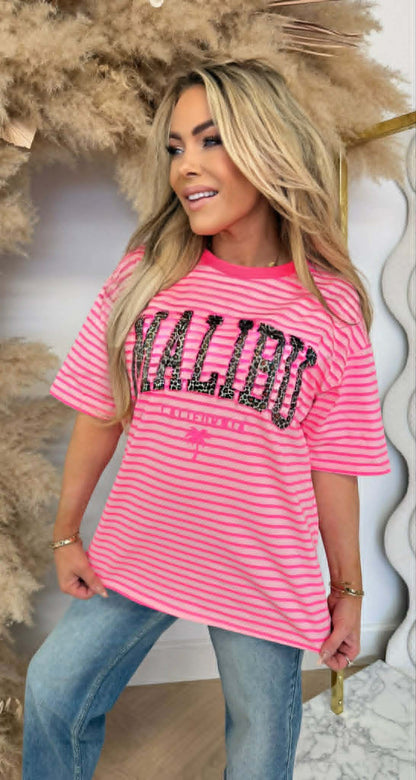 MALIBU LEO TEKST STRIPE SHIRT 00196-5 NEONPINK