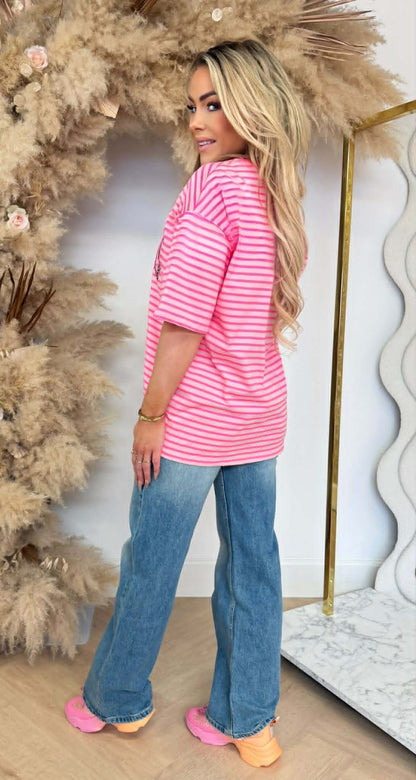 MALIBU LEO TEKST STRIPE SHIRT 00196-5 NEONPINK