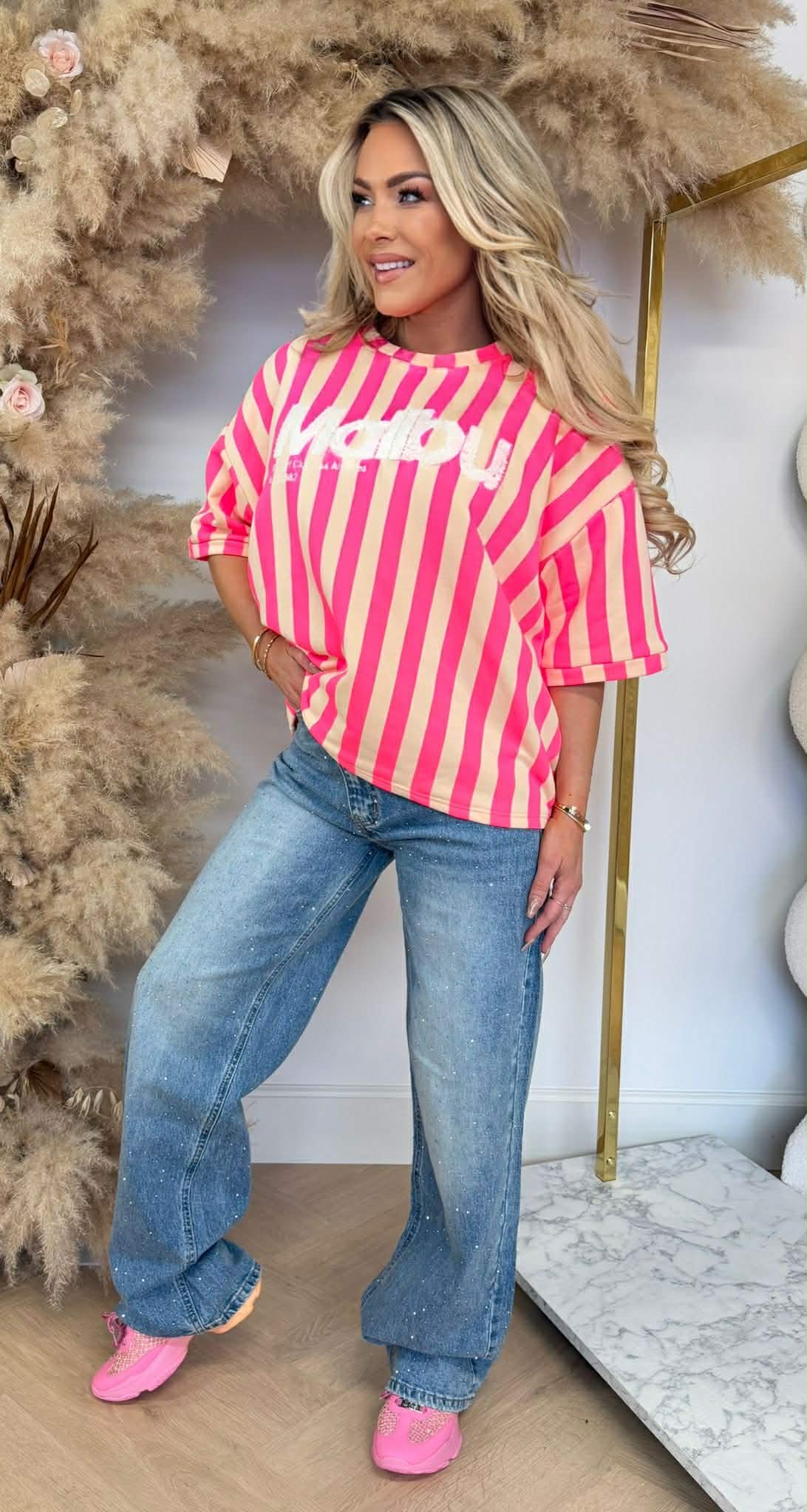 MALIBU STRIPE SHIRT 20614 BEIGE/NEONPINK