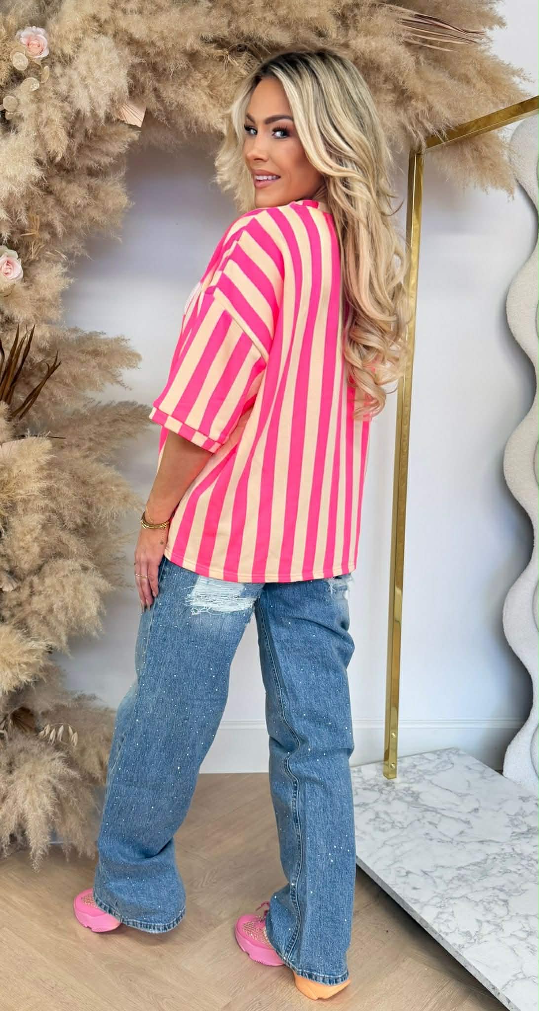 MALIBU STRIPE SHIRT 20614 BEIGE/NEONPINK