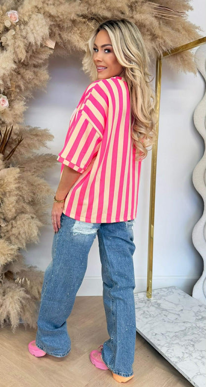 MALIBU STRIPE SHIRT 20614 BEIGE/NEONPINK