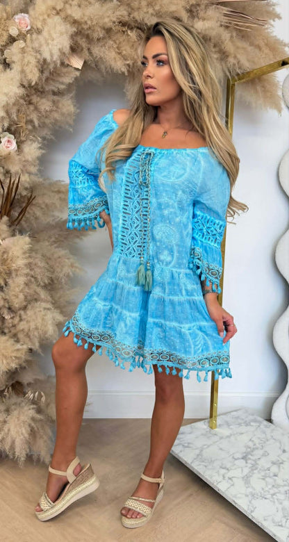 NEW DAISY OFF SHOULDER DRESS BLUE