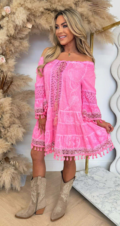 NEW DAISY OFF SHOULDER DRESS NEONPINK