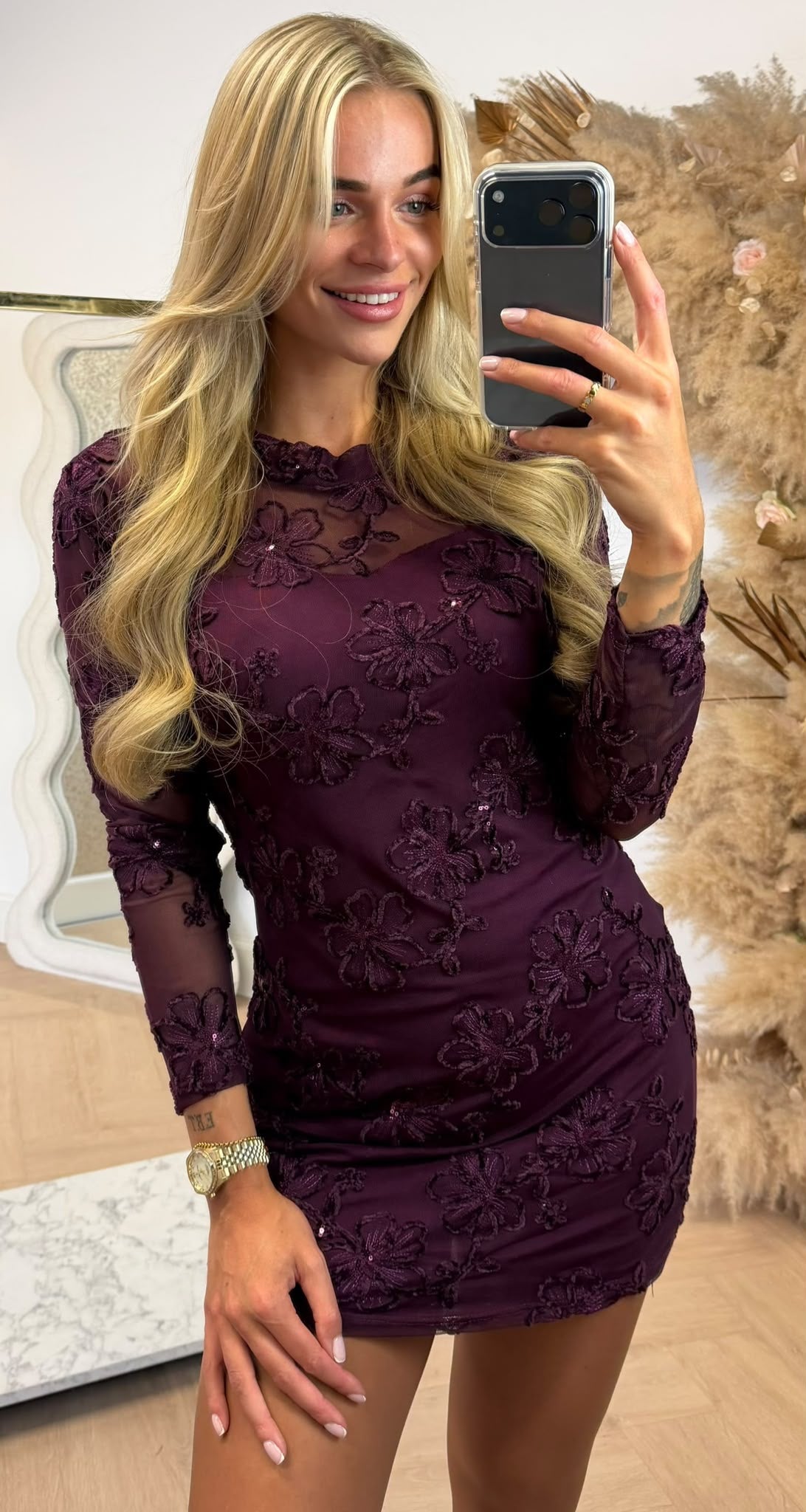 RUE FLOWER MESH DRESS PLUM