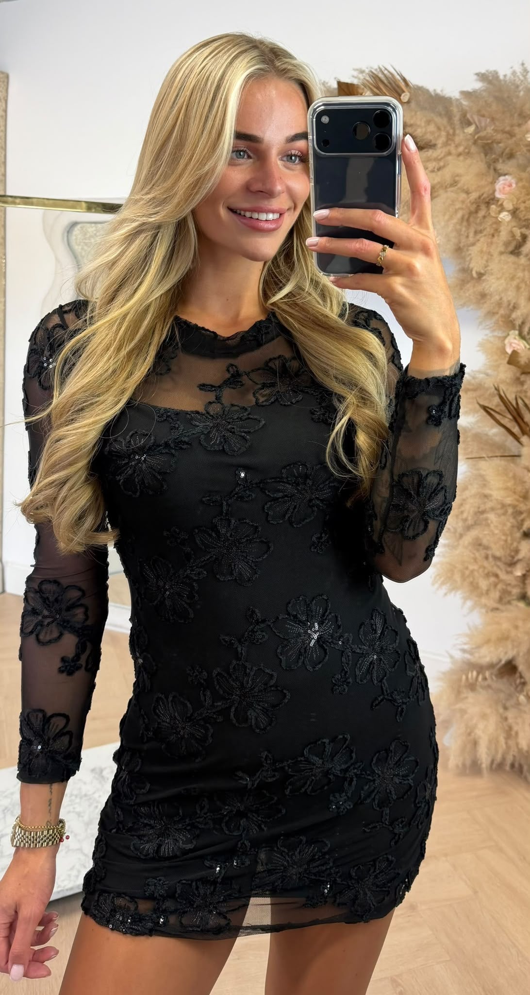 RUE FLOWER MESH DRESS BLACK