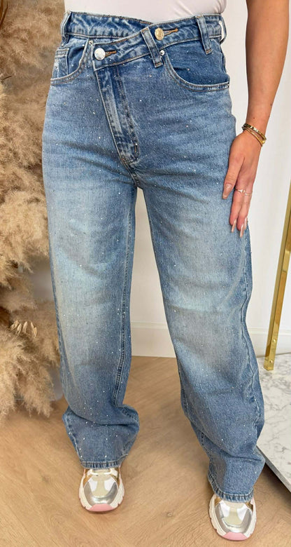 SLANTED GLITTER FASHION WIDE LEG JEANS T144 DENIMBLUE