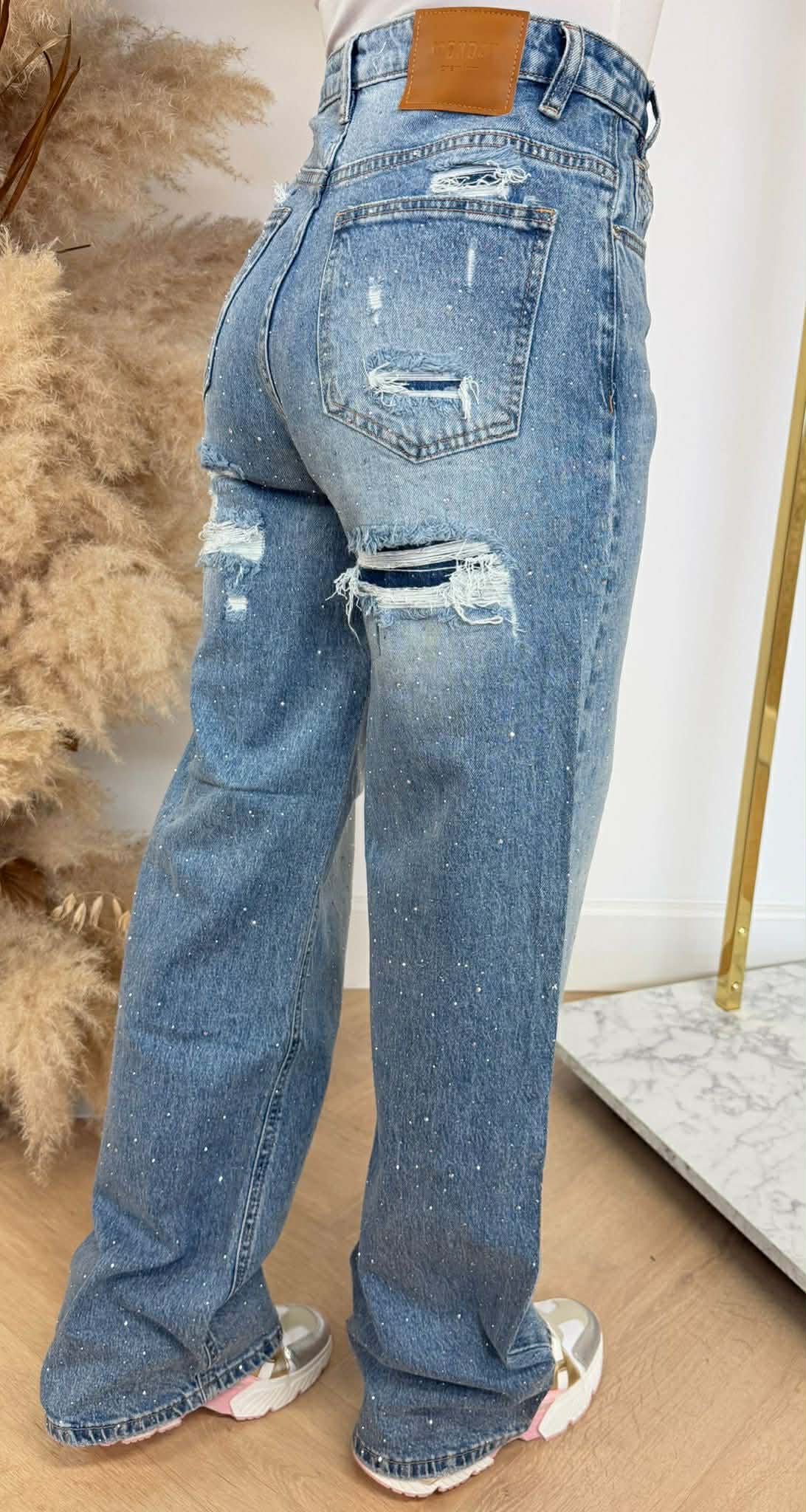 SLANTED GLITTER FASHION WIDE LEG JEANS T144 DENIMBLUE