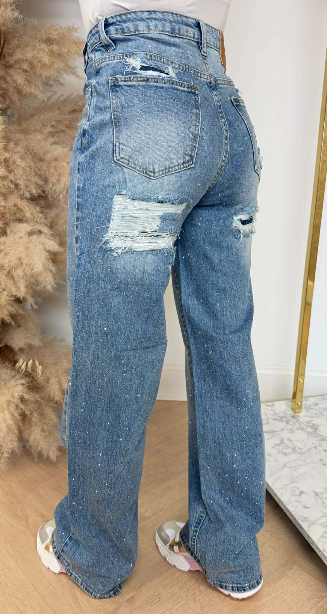 SLANTED GLITTER FASHION WIDE LEG JEANS T144 DENIMBLUE