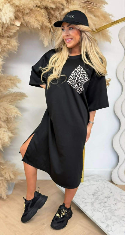 SPLITJES POCKET LONG SHIRT DRESS BLACK