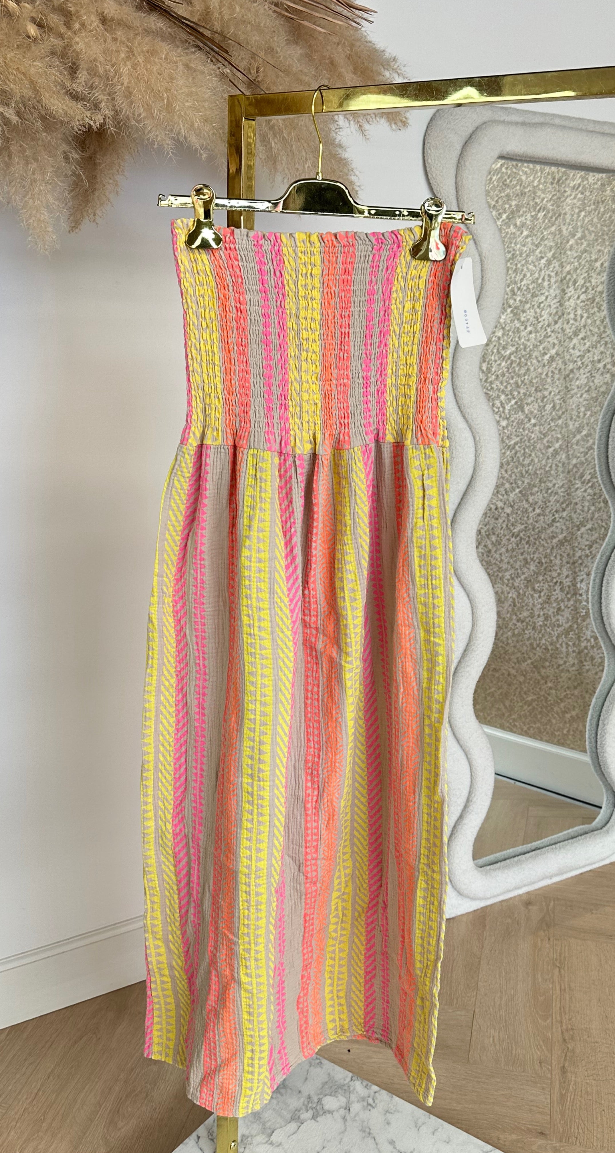 STRAPLESS SUNNY PRINT DRESS BEIGE