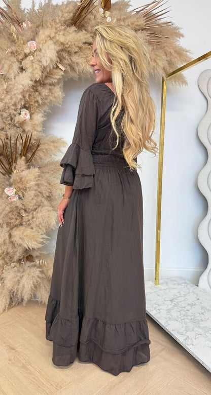 BELLA COTTON ROUCHE DRESS CHOCO