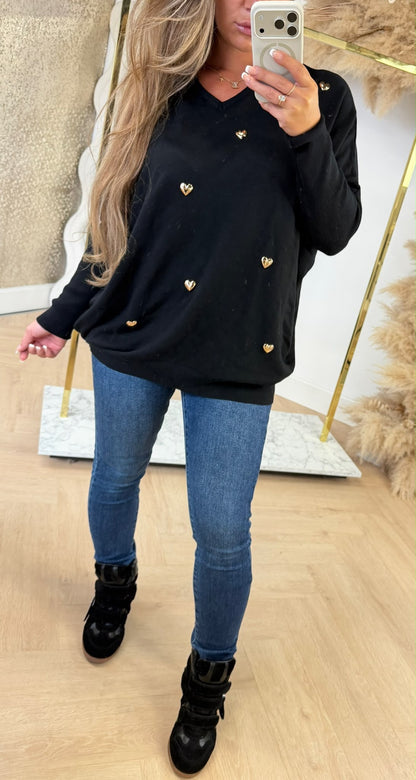 OVERSIZED HEART STUD SWEAT 10595 BLACK