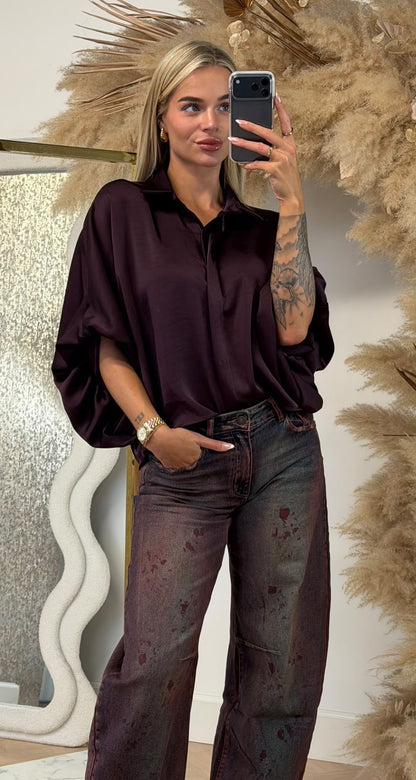 VALERIE SATIN POFMOUW TOP WINERED