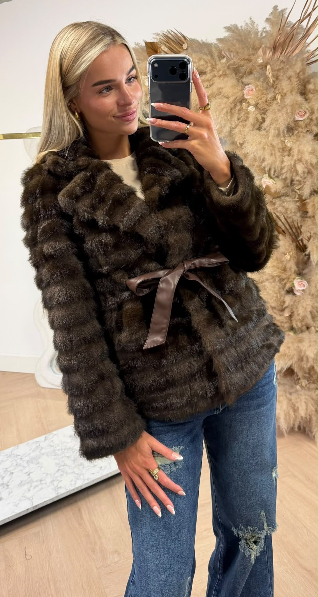 QUINN LEATHER STRIK FURRY COAT BROWN