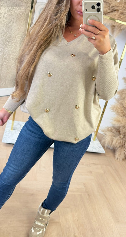 OVERSIZED HEART STUD SWEAT 10595 BEIGE