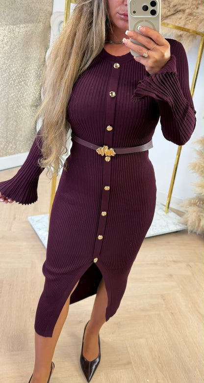 BUTTON RIB BELT DRESS 3060 BORDEAUX