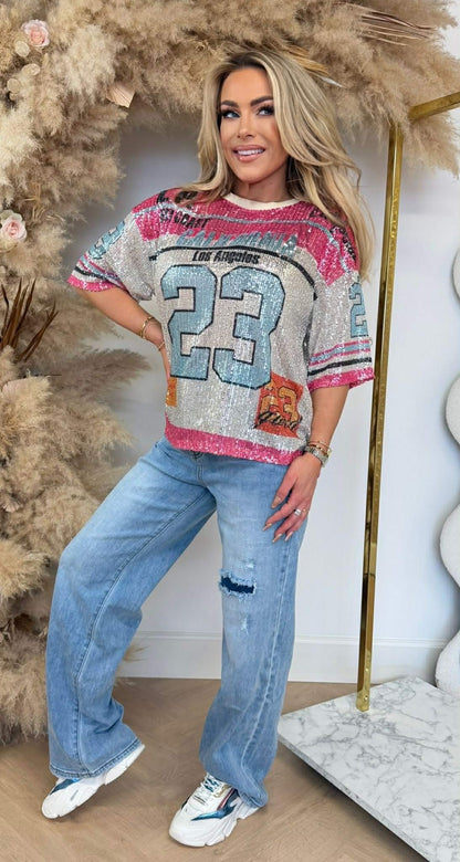 CALIFORNIA 23 SEQUIN TEE FUCHSIA