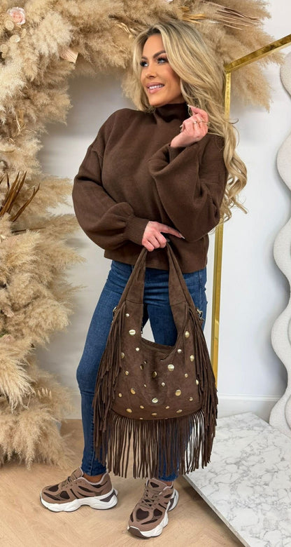 CROPPED BALLOON SLEEVE SWEAT CHOCO