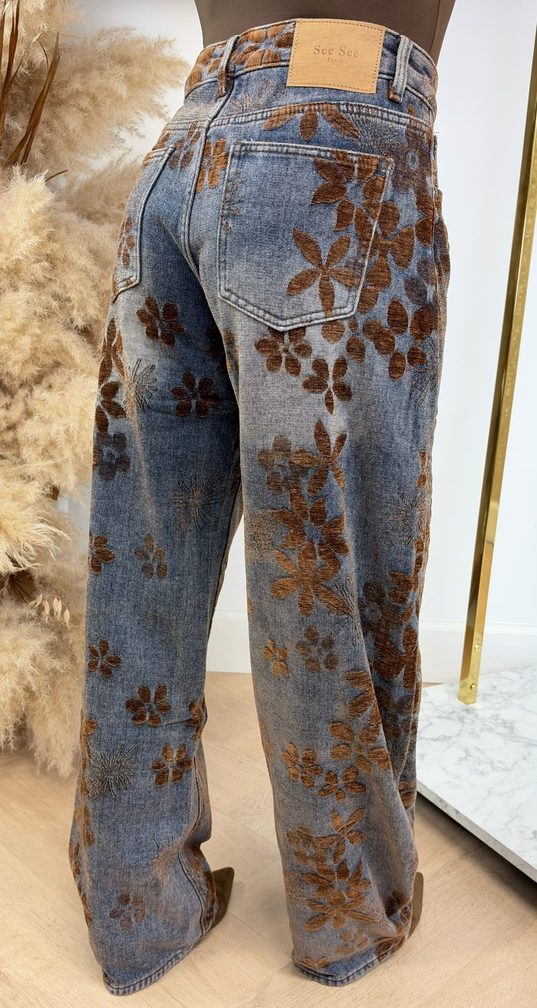 FLOWER PRINT VELVET JEANS W039 BLUE BROWN
