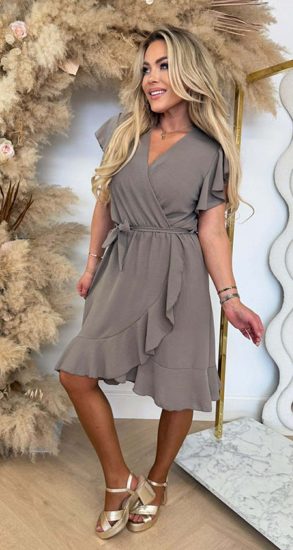 DEBBY ROUCHE DRESS TAUPE