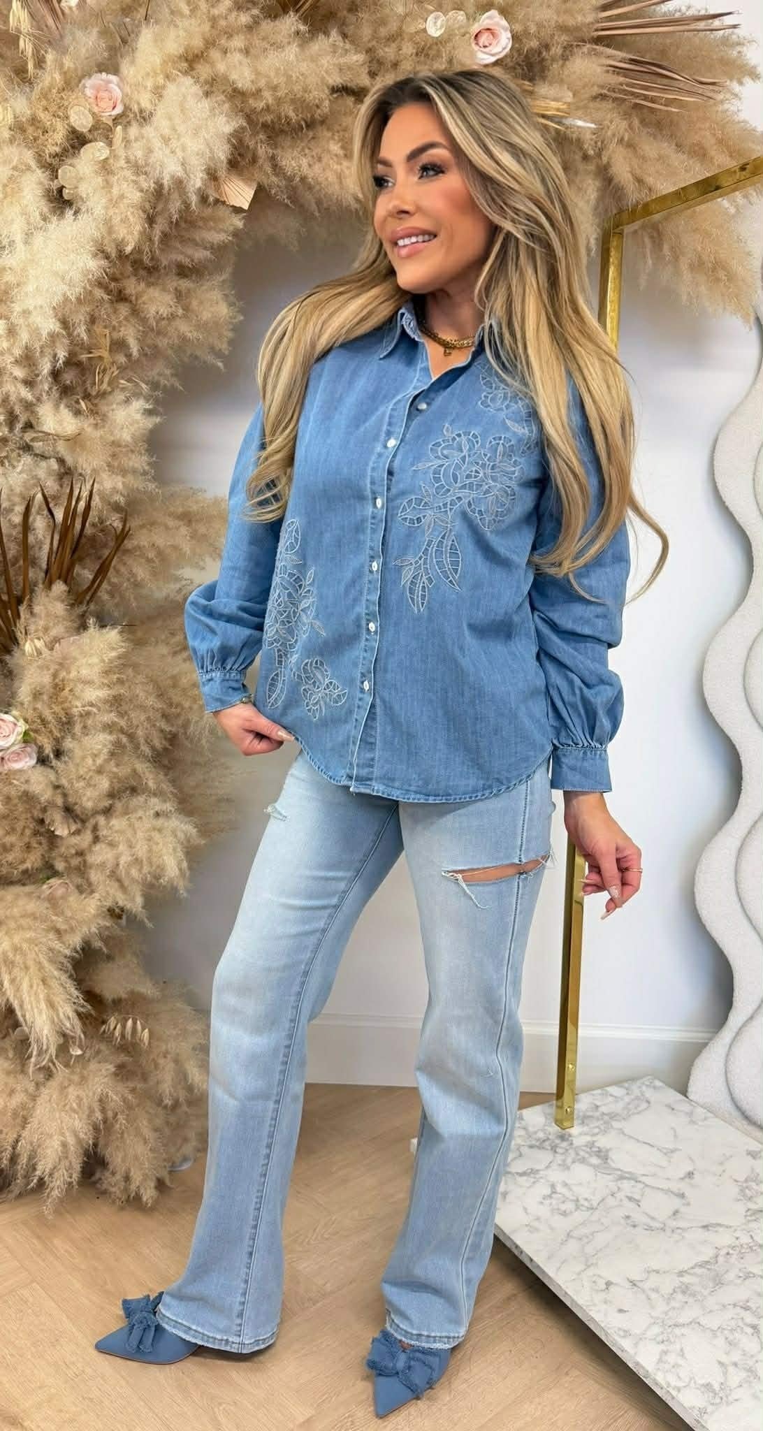 DENIM FLOWER BLOUSE C10864 JEANSBLUE