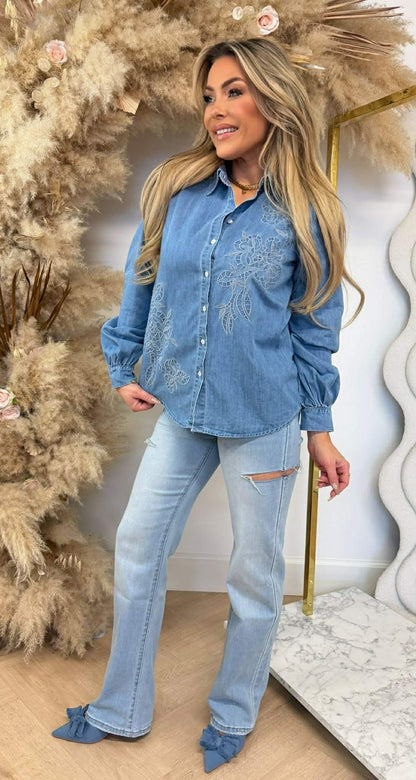 DENIM FLOWER BLOUSE C10864 JEANSBLUE