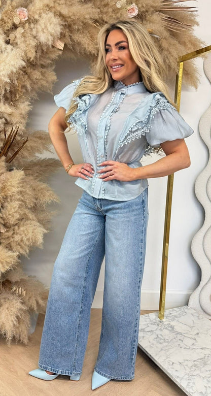 DIAMOND BUTTON LACE BLOUSE 8528 BLUE