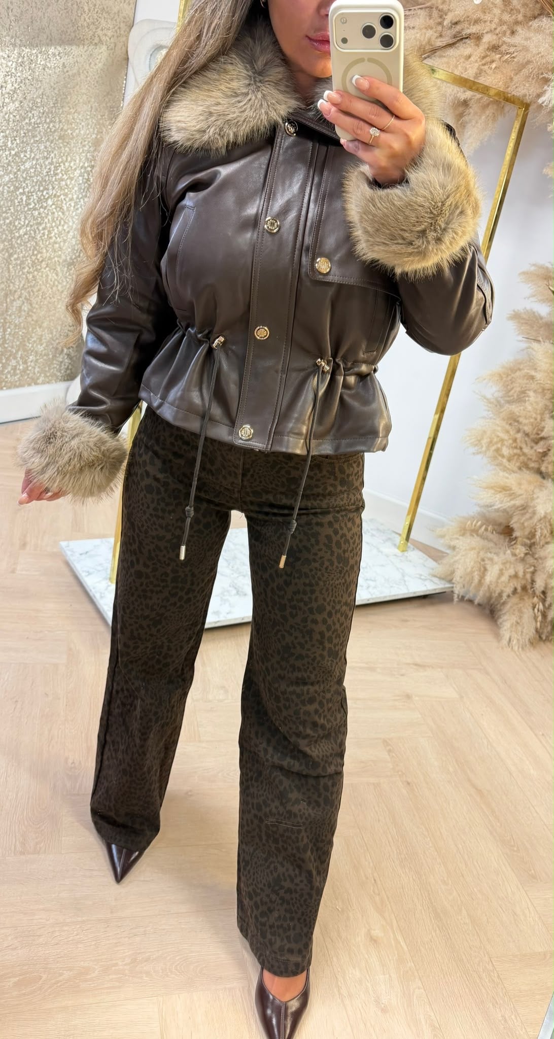 BUTTON VEGAN FAUX FUR COAT 56105 CHOCO