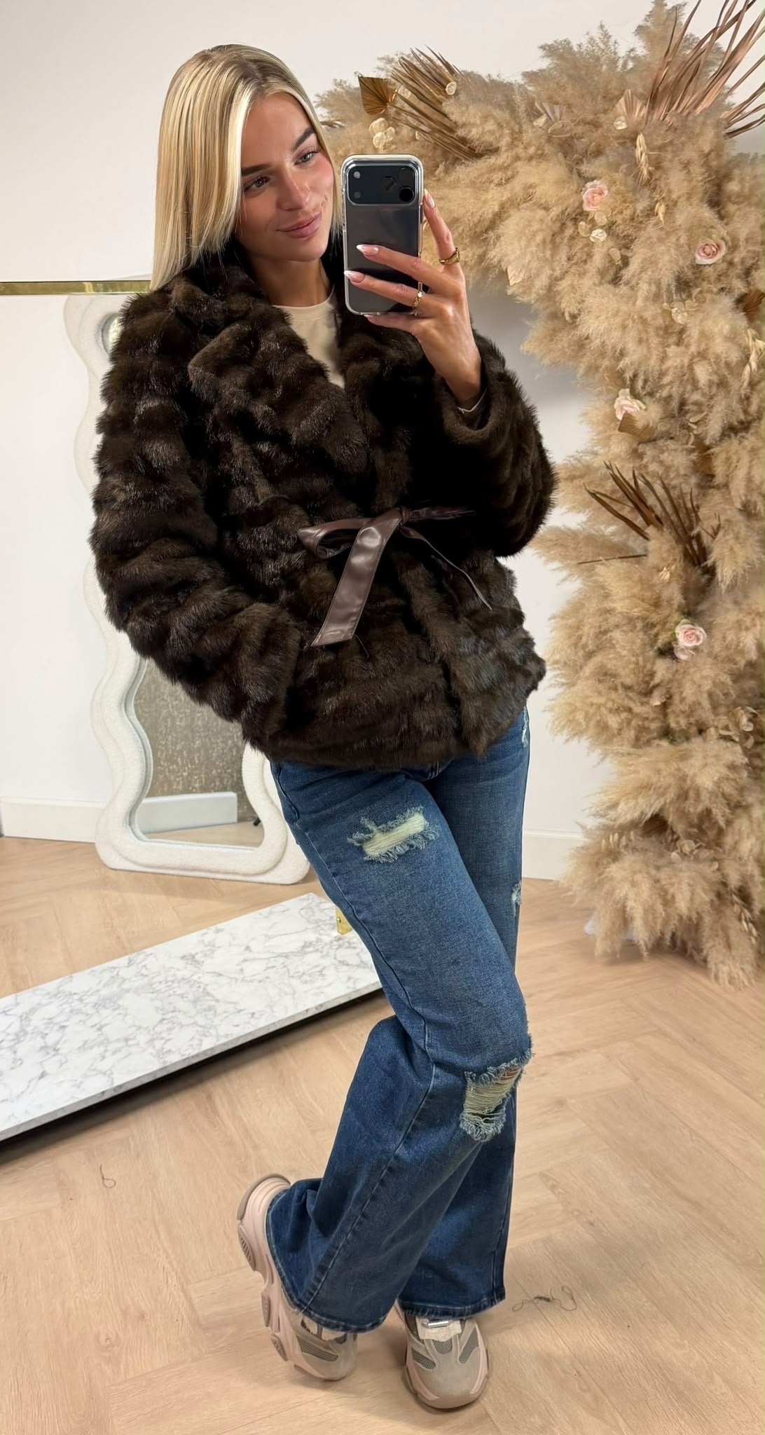 QUINN LEATHER STRIK FURRY COAT BROWN