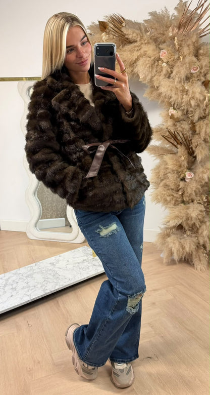 QUINN LEATHER STRIK FURRY COAT BROWN
