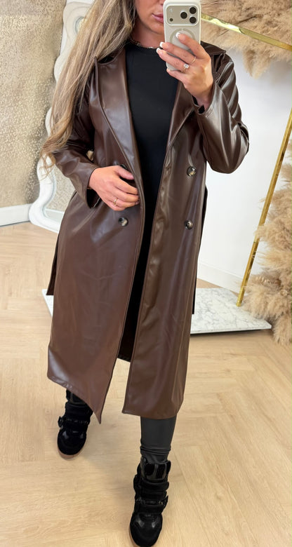 MUSTHAVE LEATHER LOOK TRENCHCOAT CHOCO