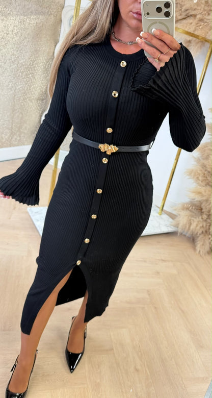 BUTTON RIB BELT DRESS 3060 BLACK