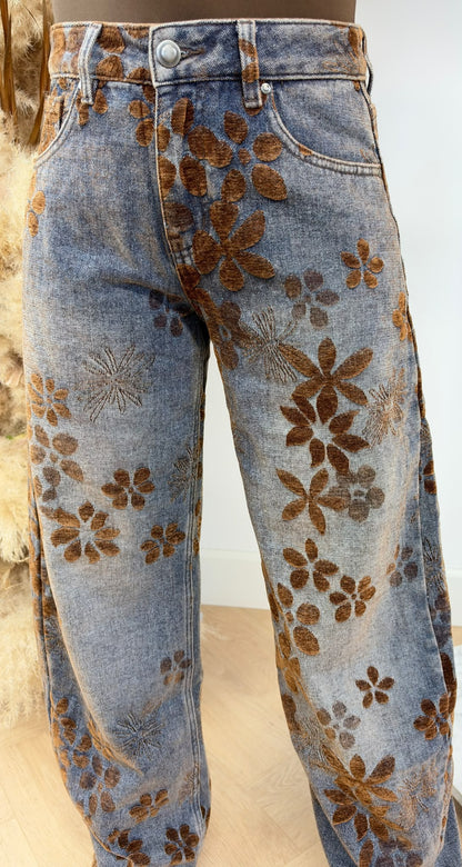FLOWER PRINT VELVET JEANS W039 BLUE BROWN