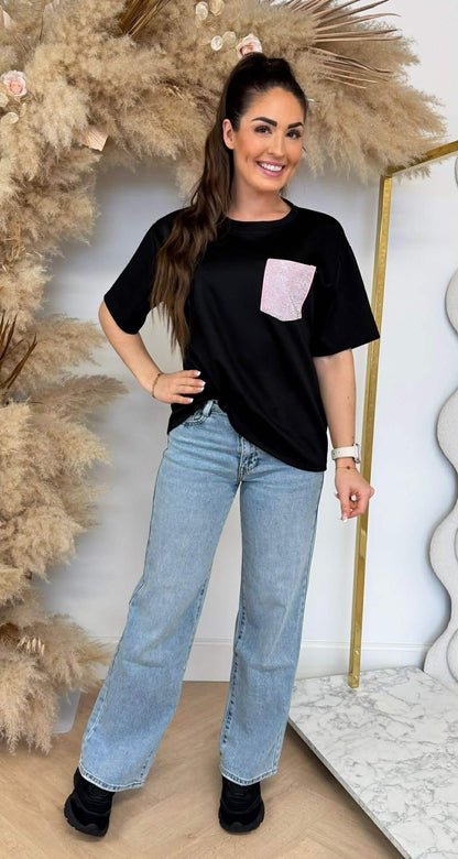 TEE-SHIRT POCHE PAILLETTES NOIR