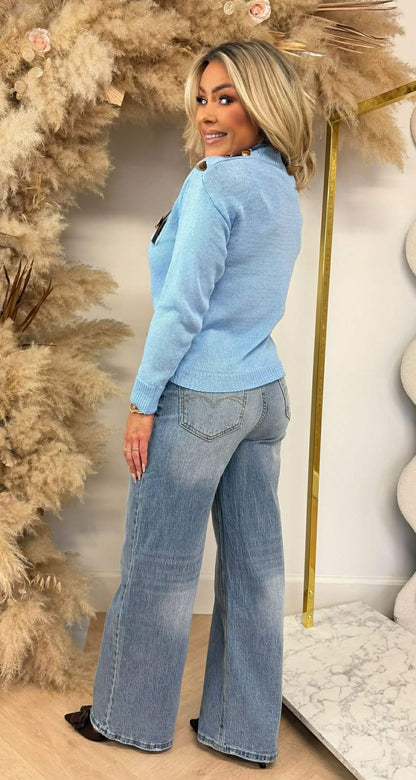 H KNITTED BUTTON TRUI ICEBLUE