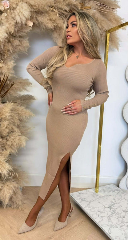 JOY RIB SPLIT DRESS 377 CAMEL