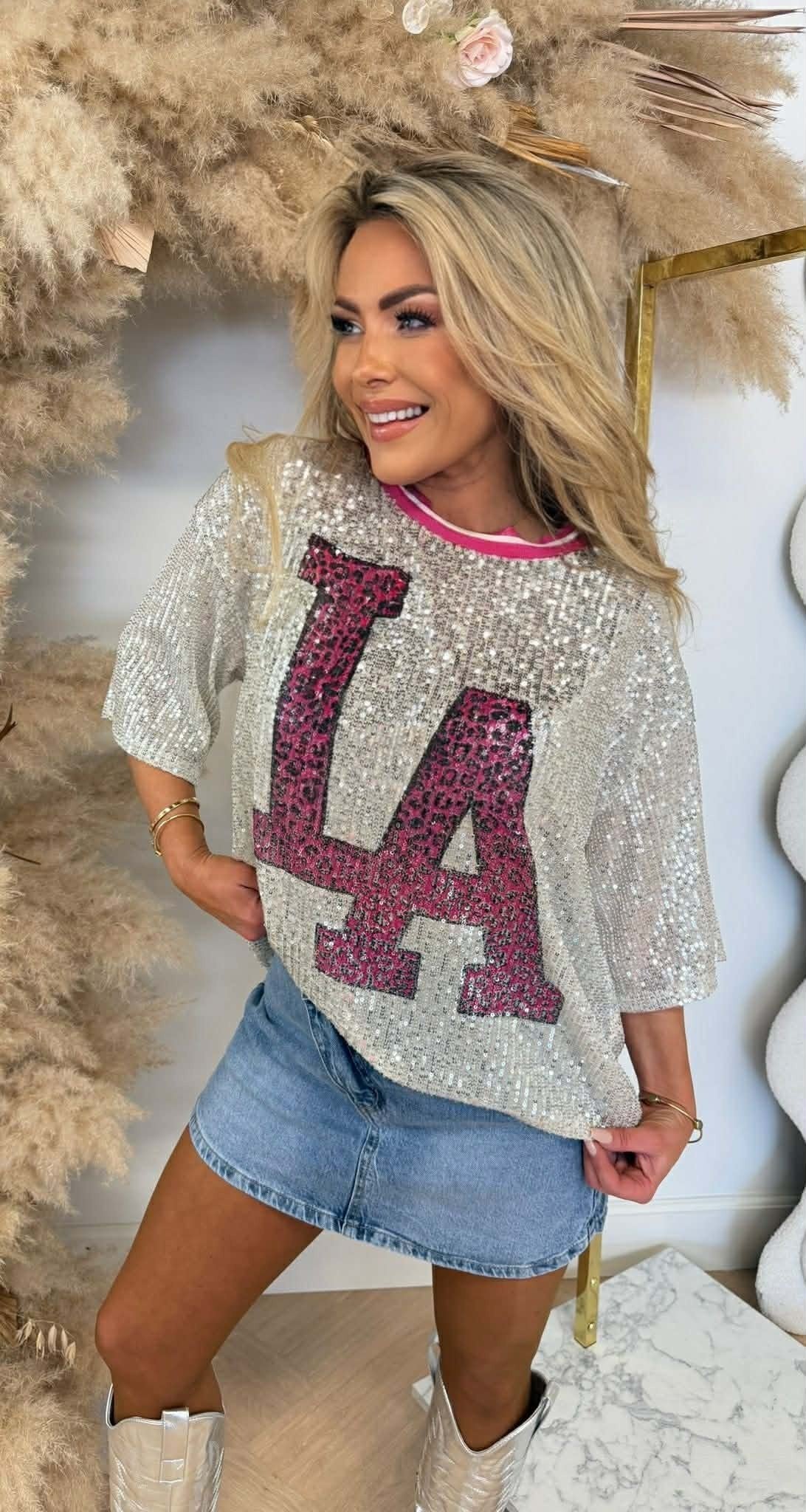T-SHIRT IMPRIMÉ PAILLETTES ROSE
