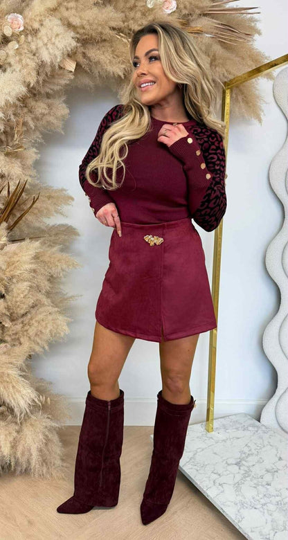 LEOPARD SLEEVE  BUTTON TOP 1079 BORDEAUX