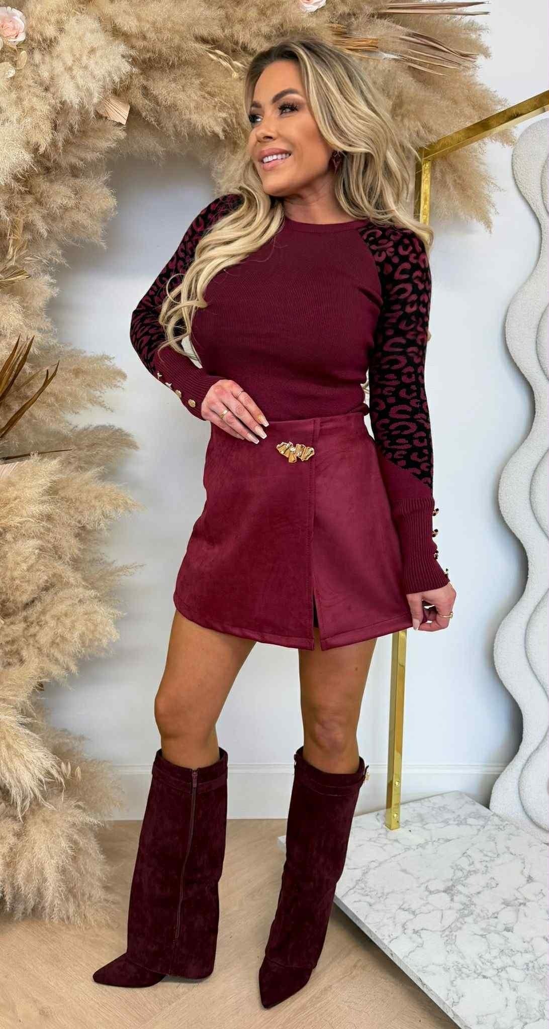 LEOPARD SLEEVE  BUTTON TOP 1079 BORDEAUX