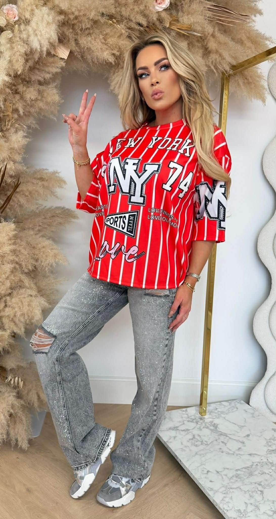 T-SHIRT BASEBALL LOVE NY ROUGE