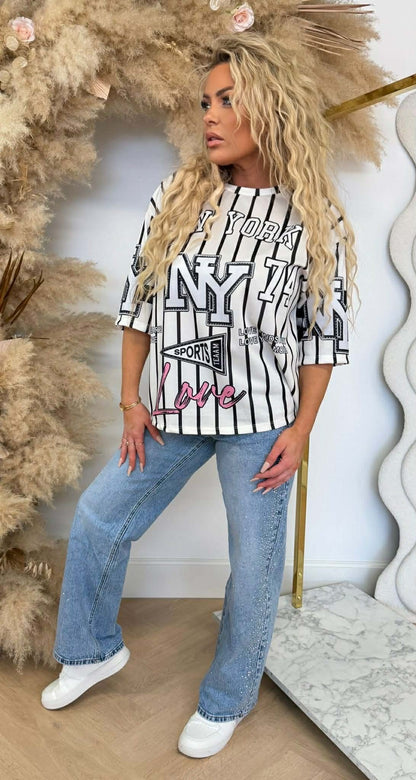 T-SHIRT BASEBALL LOVE NY BLANC