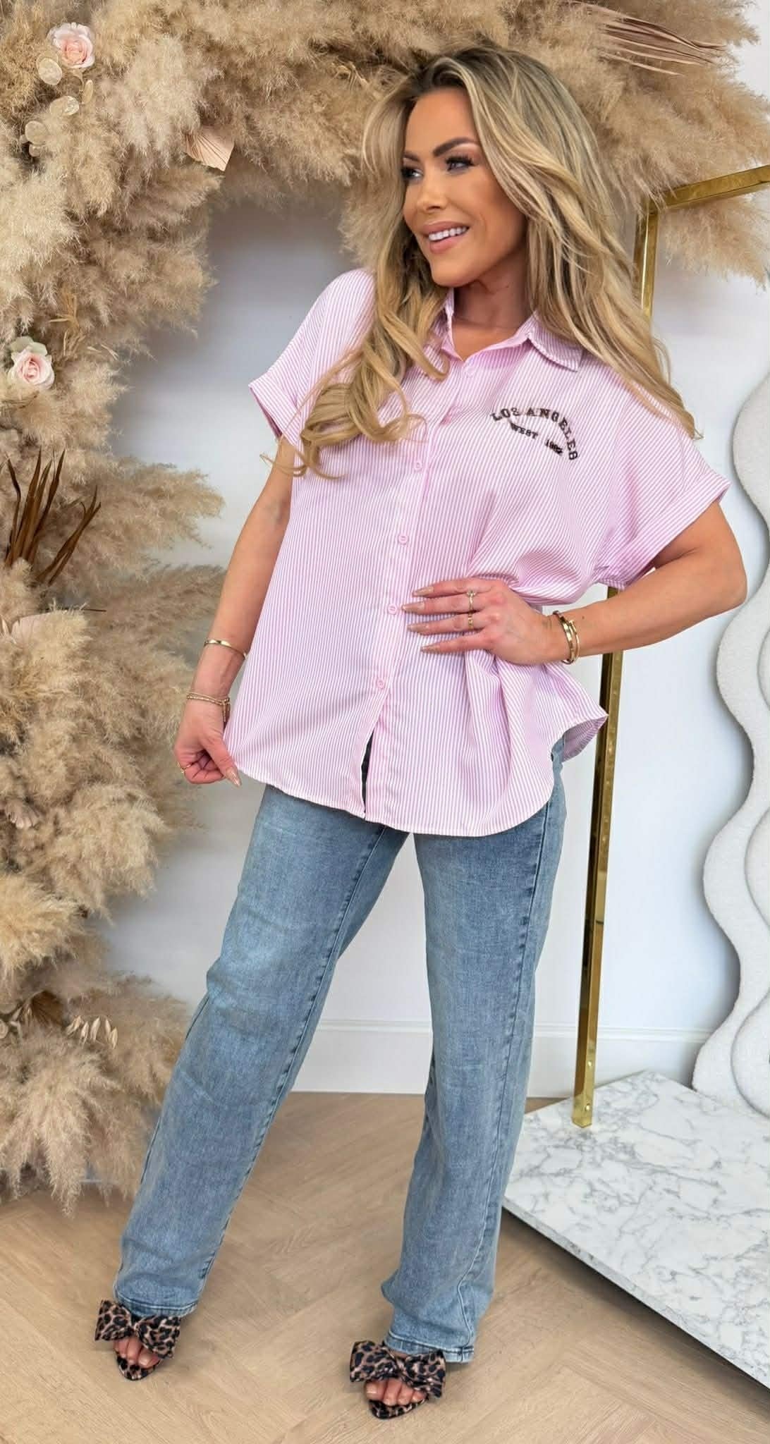 LS LEOPARD TEKST STRIPE BLOUSE R7481 PINK